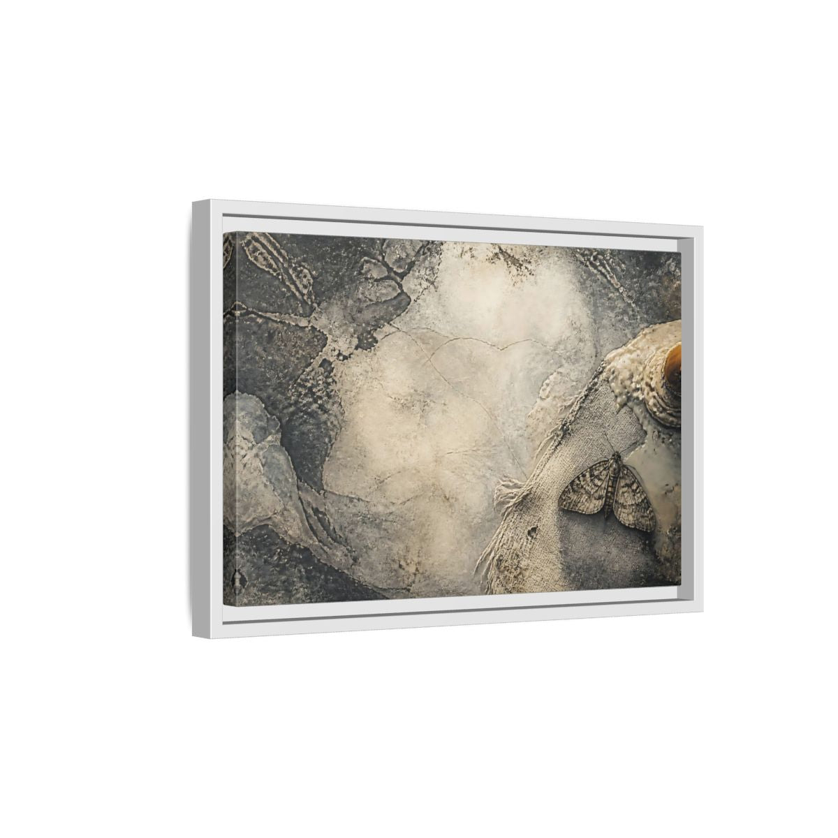 Side Mockup 4. Moth On Frayed Linen shown as framed canvas print