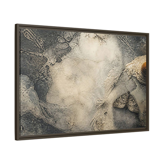 Main Mockup. Moth On Frayed Linen shown as framed canvas print