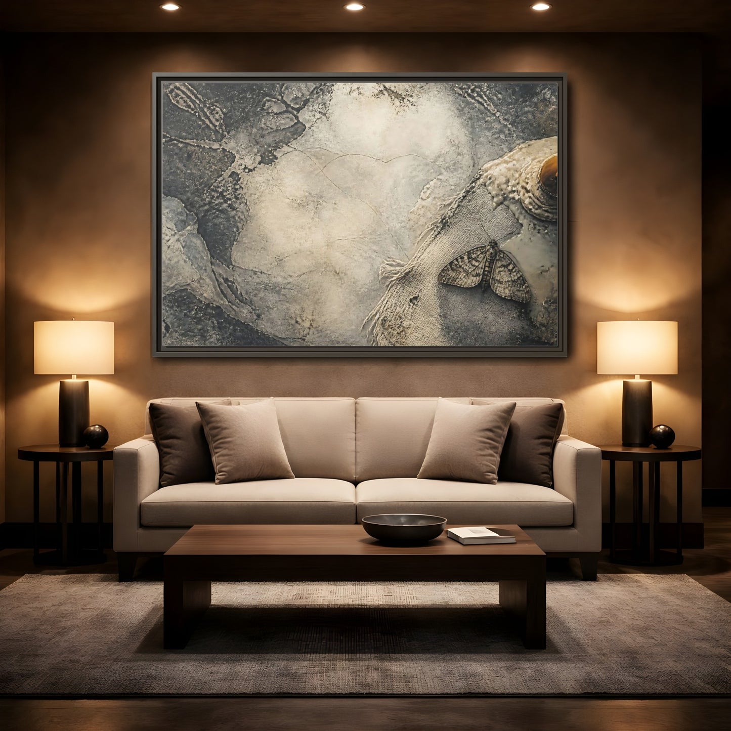Mockup 2. Moth On Frayed Linen shown as framed canvas print