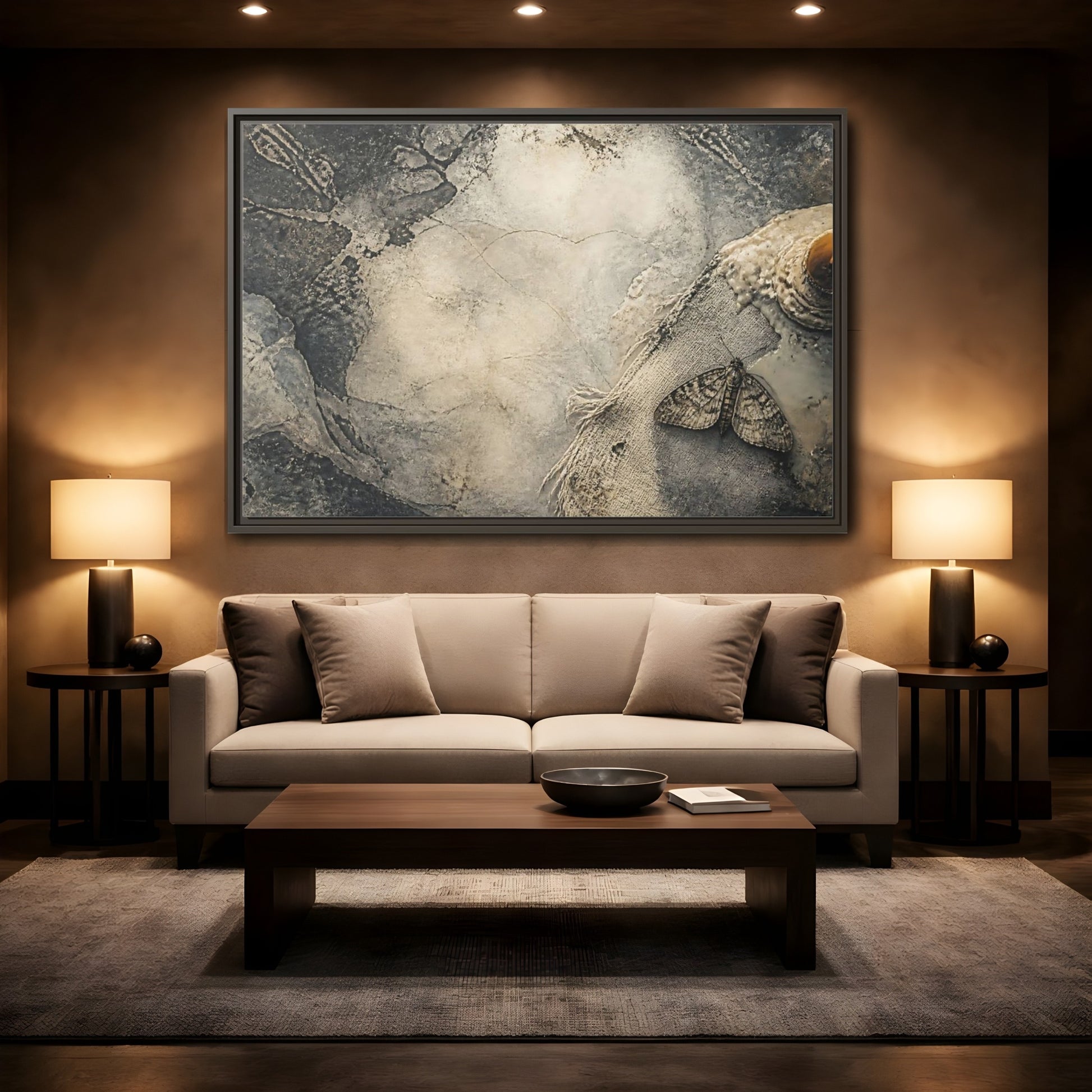 Mockup 2. Moth On Frayed Linen shown as framed canvas print