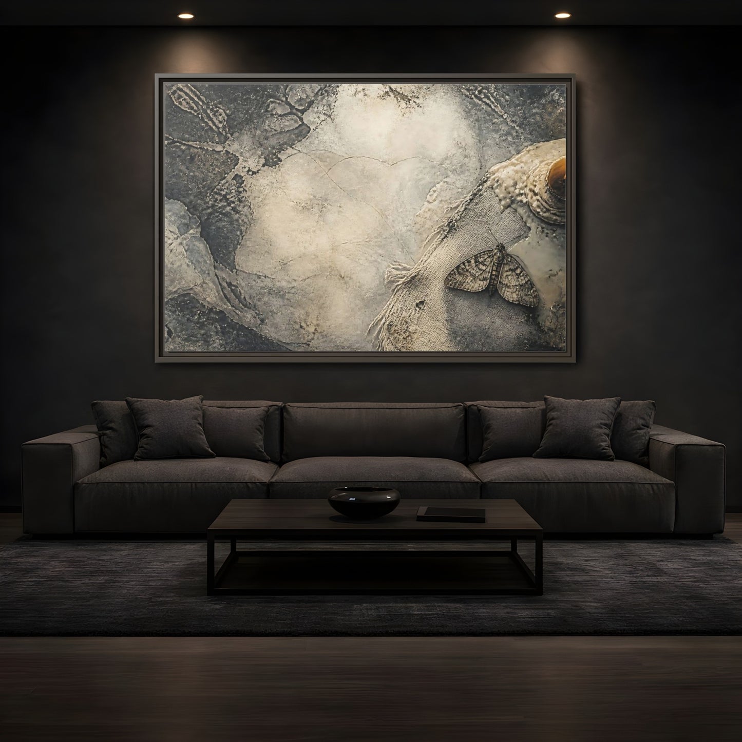 Mockup 3. Moth On Frayed Linen shown as framed canvas print