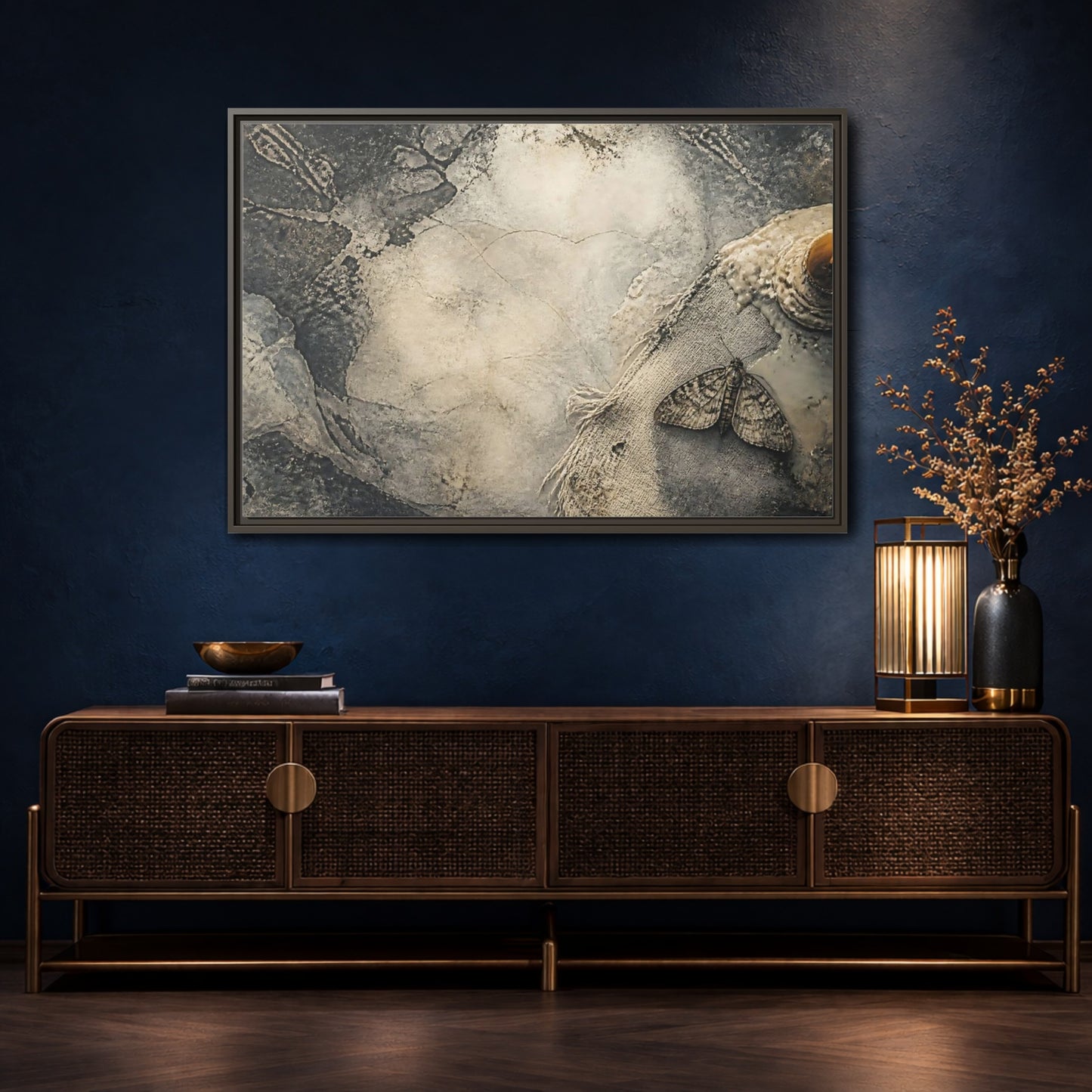 Mockup 4. Moth On Frayed Linen shown as framed canvas print