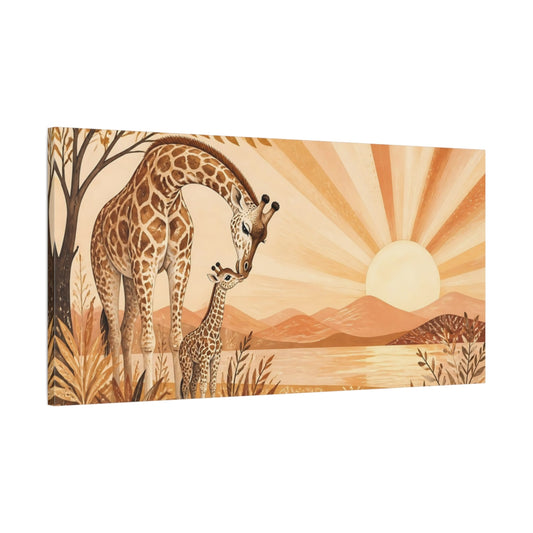 Main Mockup. Mother Giraffe At Sunrise shown as canvas print
