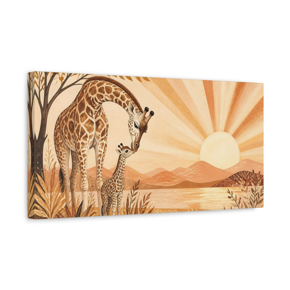 Side Mockup 3. Mother Giraffe At Sunrise shown as canvas print