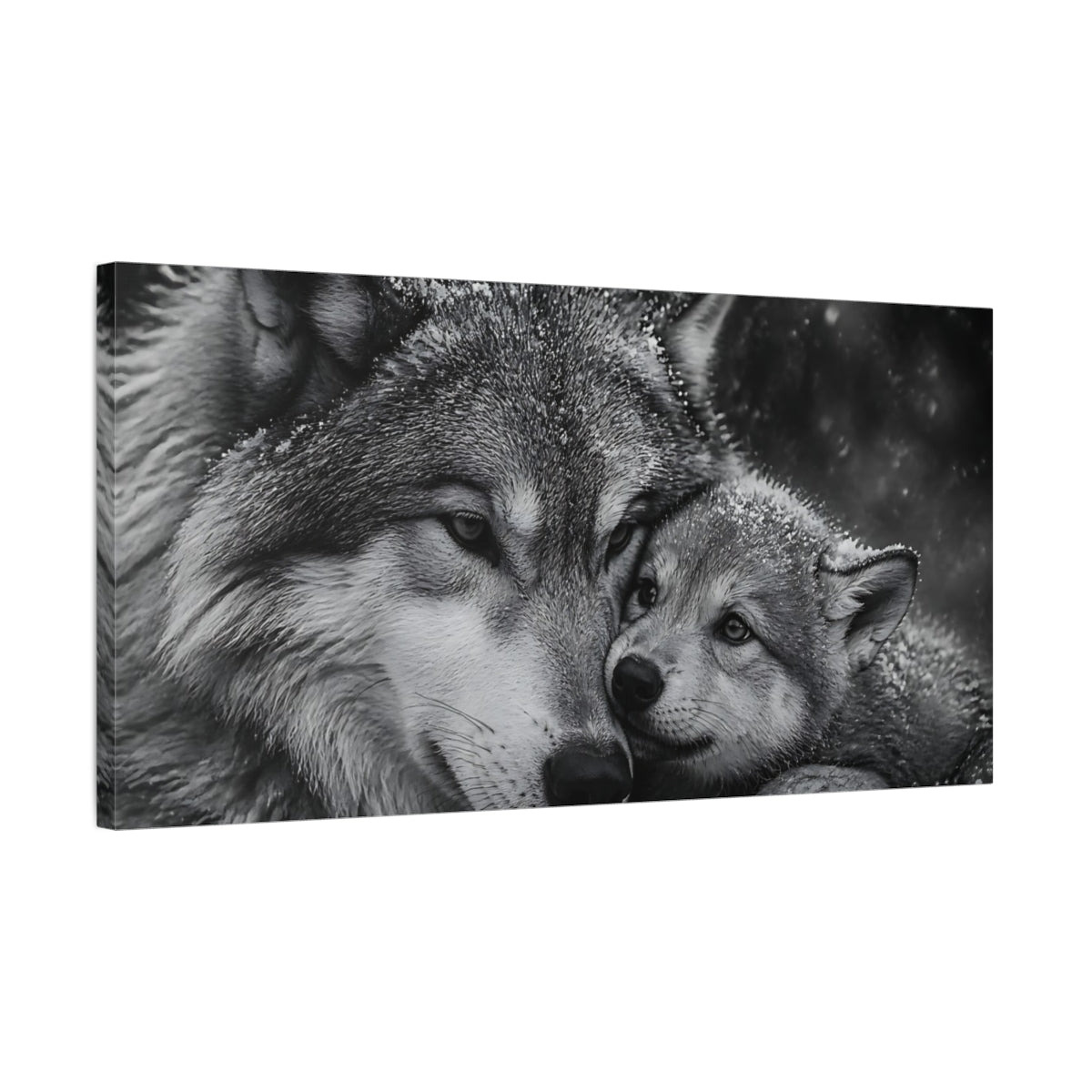 Side Mockup 1. Mother Wolf Embrace shown as canvas print