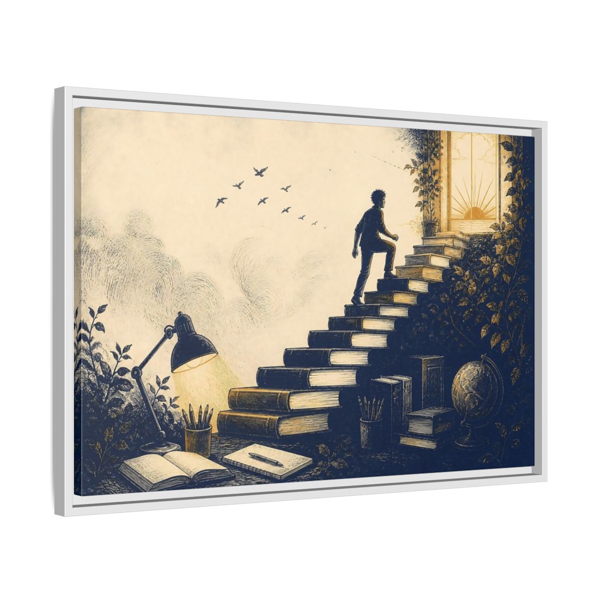 Side Mockup 10. Motivation Book Staircase shown as framed canvas print