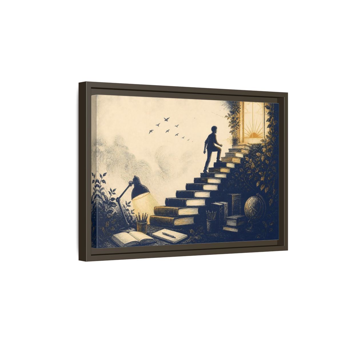 Side Mockup 5. Motivation Book Staircase shown as framed canvas print