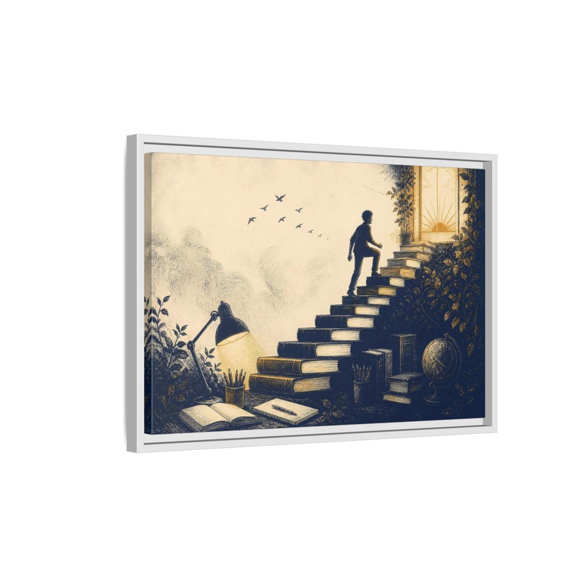 Side Mockup 1. Motivation Book Staircase shown as framed canvas print
