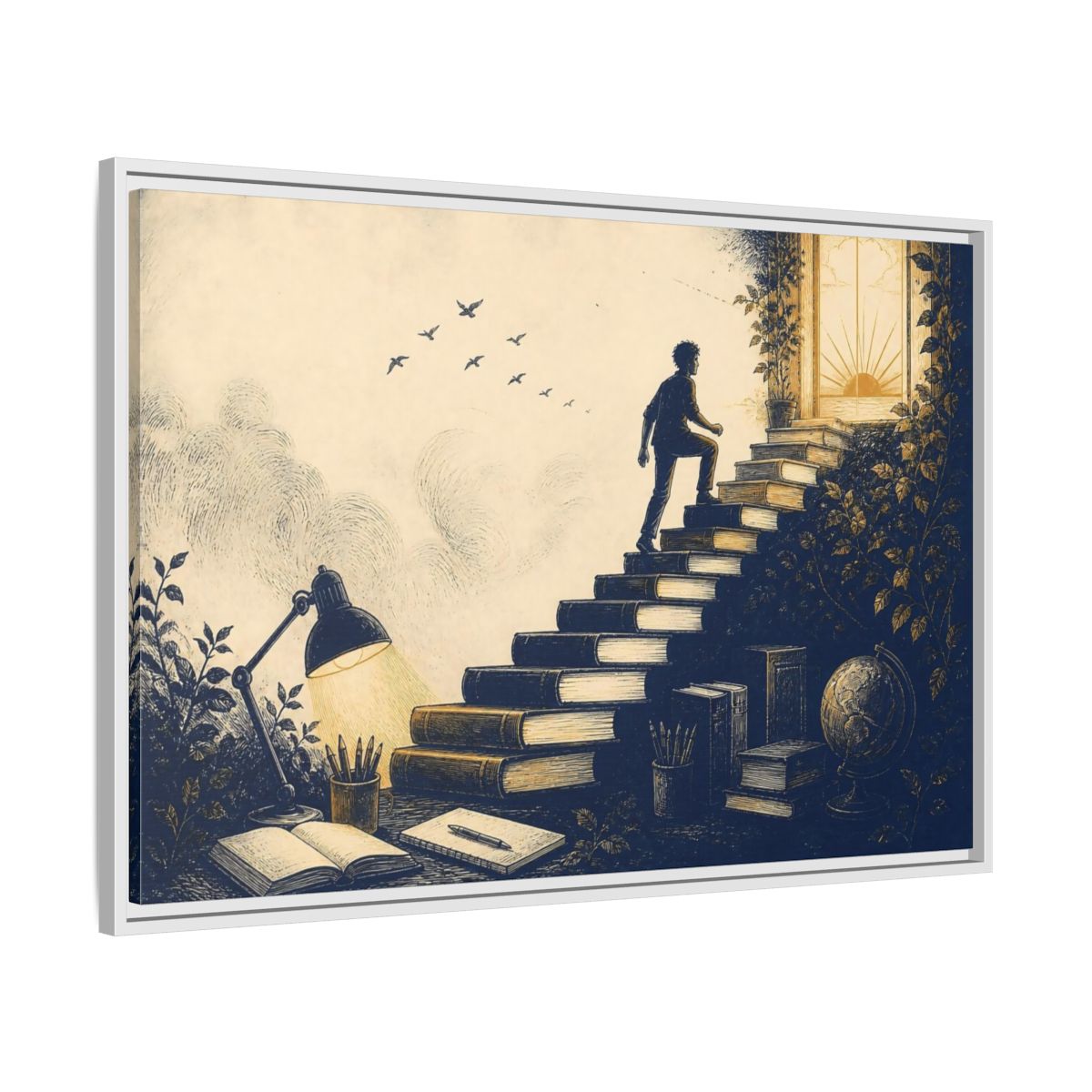 Side Mockup 9. Motivation Book Staircase shown as framed canvas print