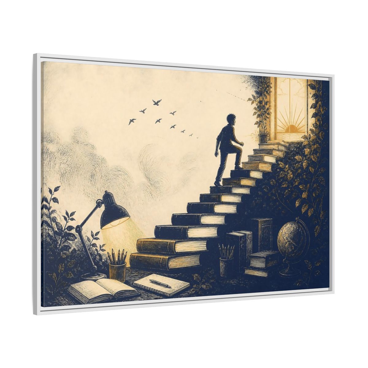 Side Mockup 7. Motivation Book Staircase shown as framed canvas print