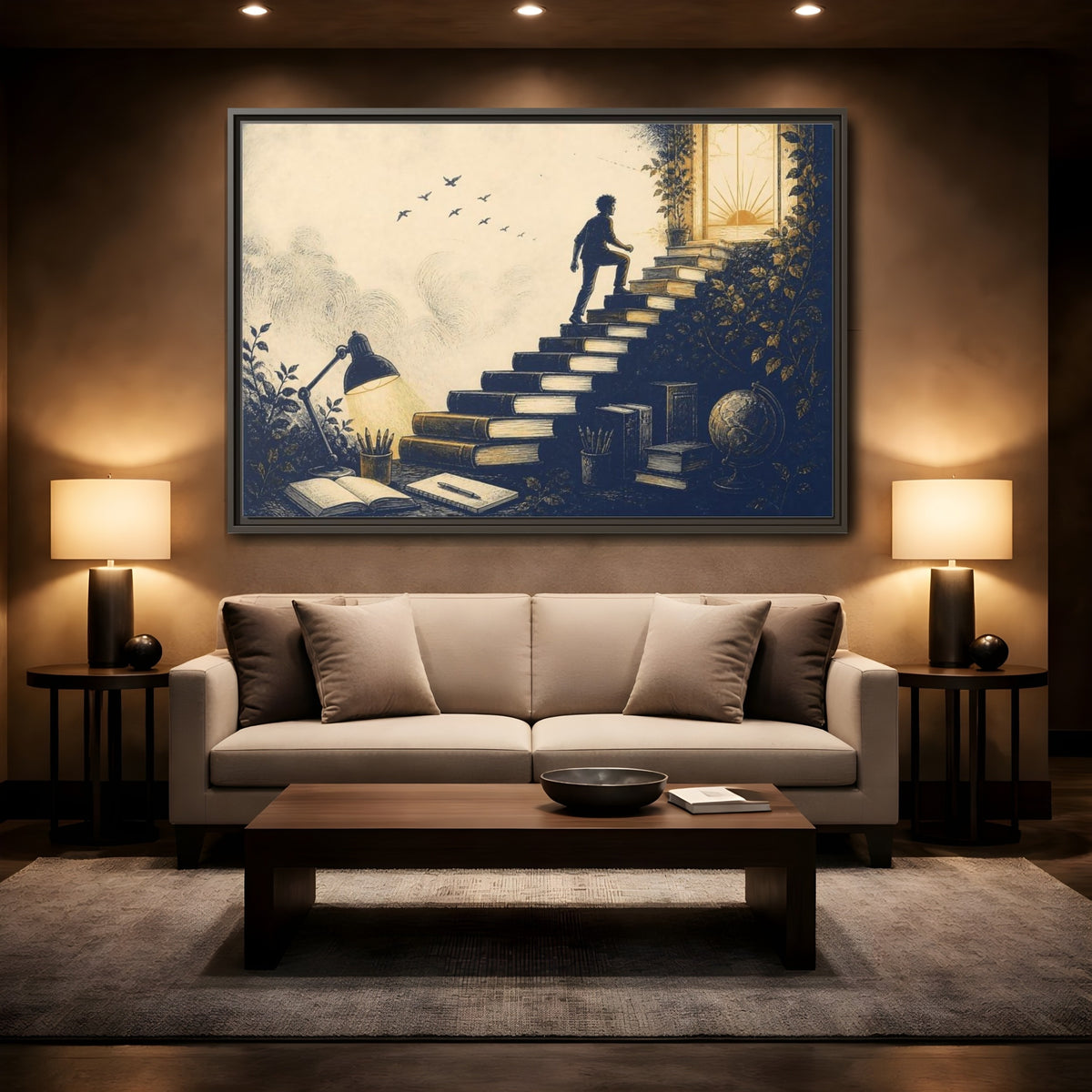 Mockup 2. Motivation Book Staircase shown as framed canvas print