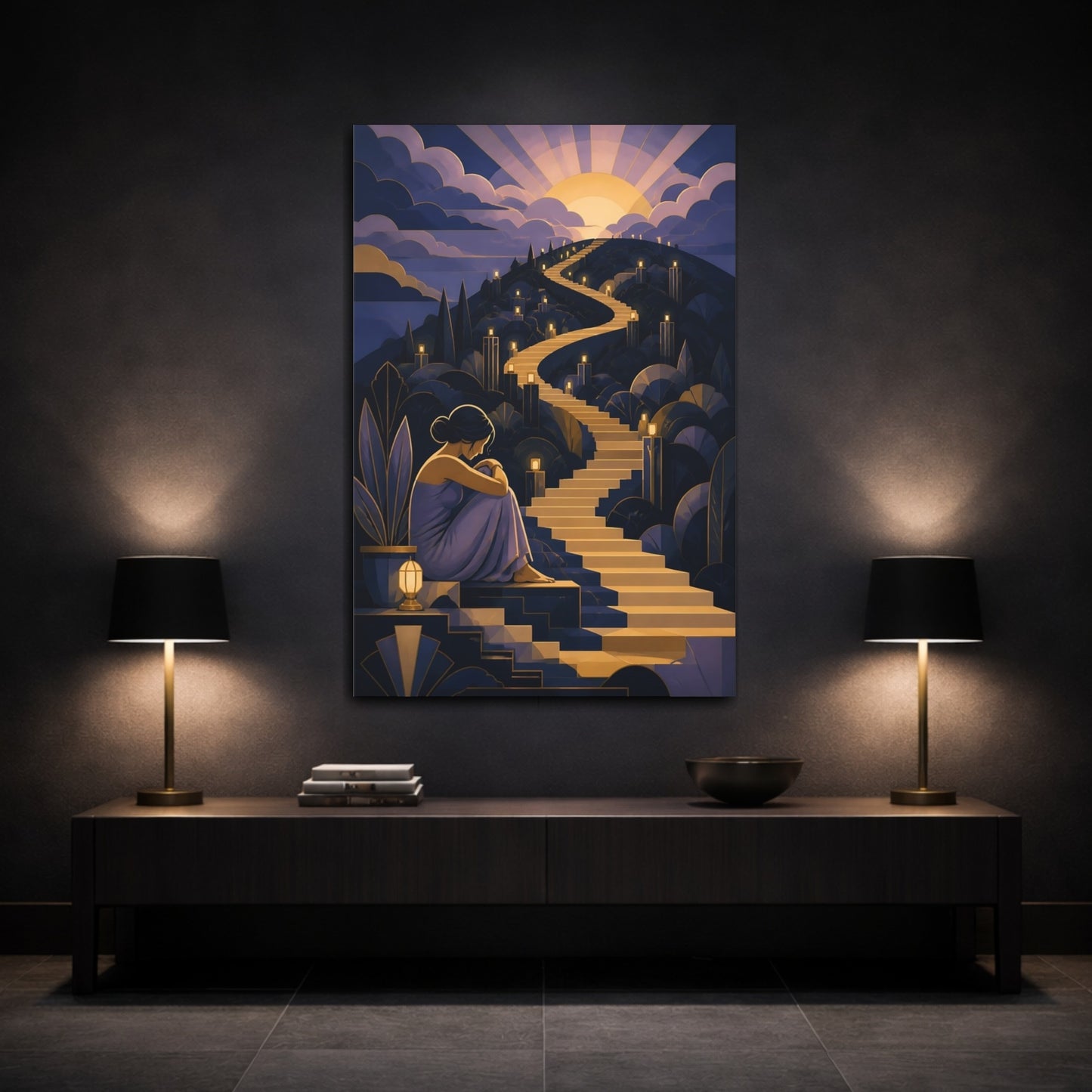 Mockup 3. Motivation Golden Staircase shown as canvas print