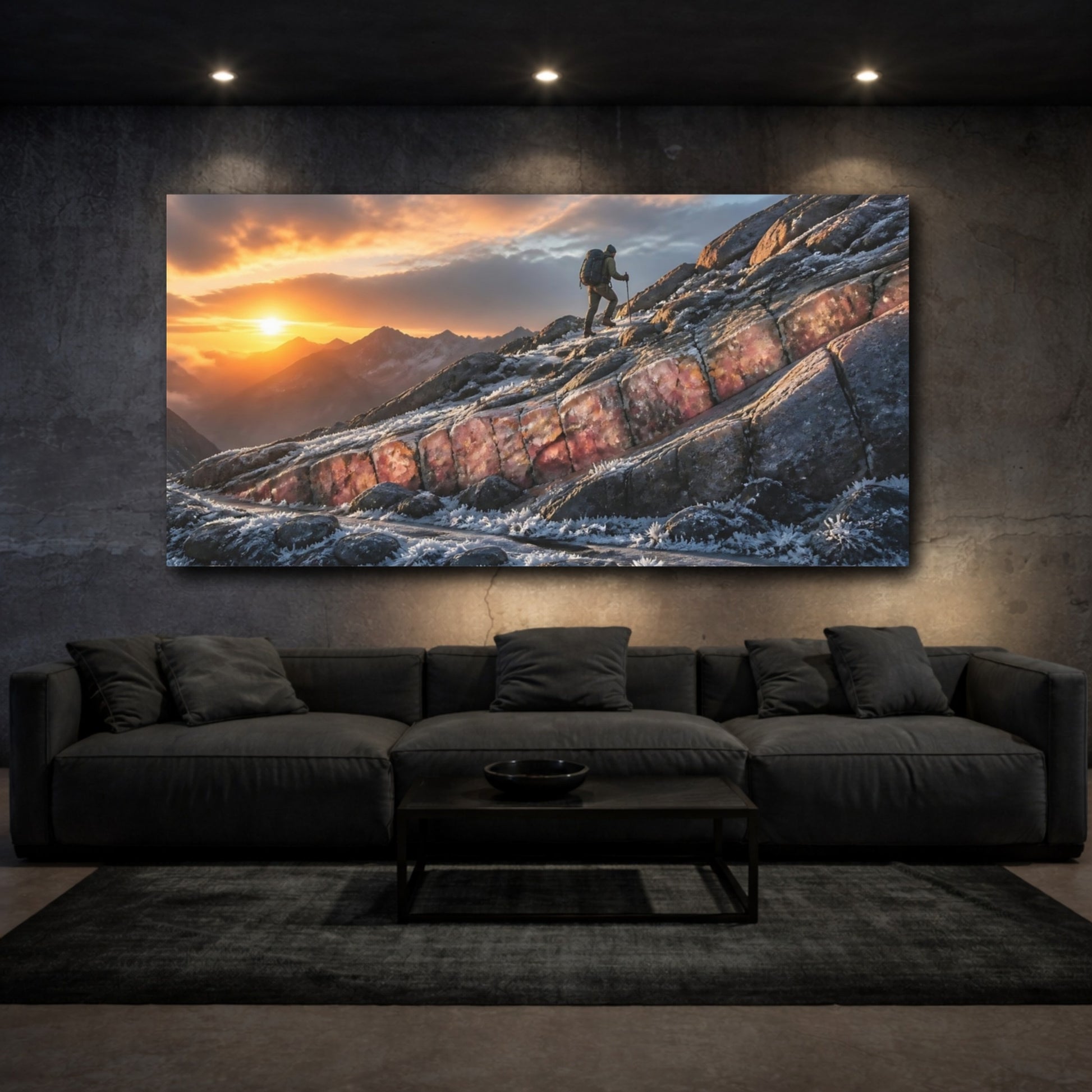 Mockup 3. Motivation Sunrise Hiker shown as canvas print