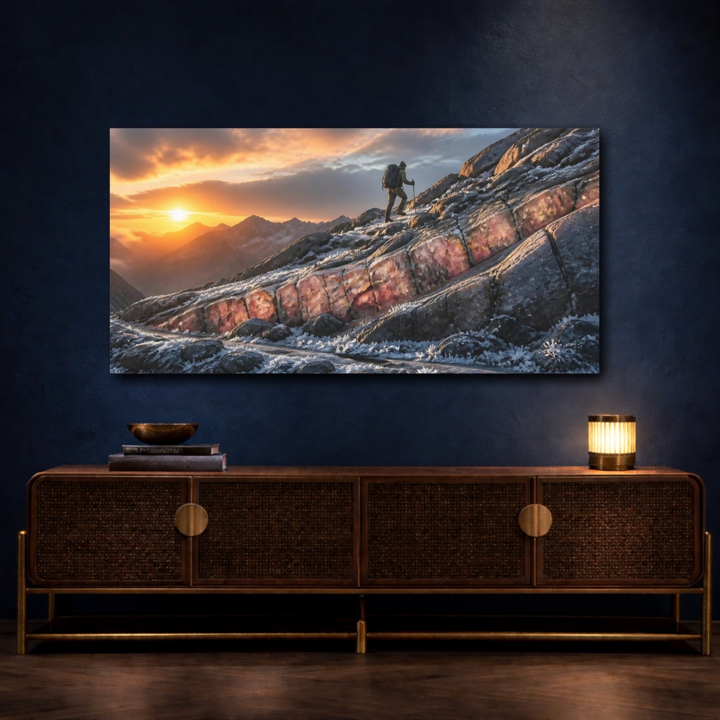 Mockup 4. Motivation Sunrise Hiker shown as canvas print