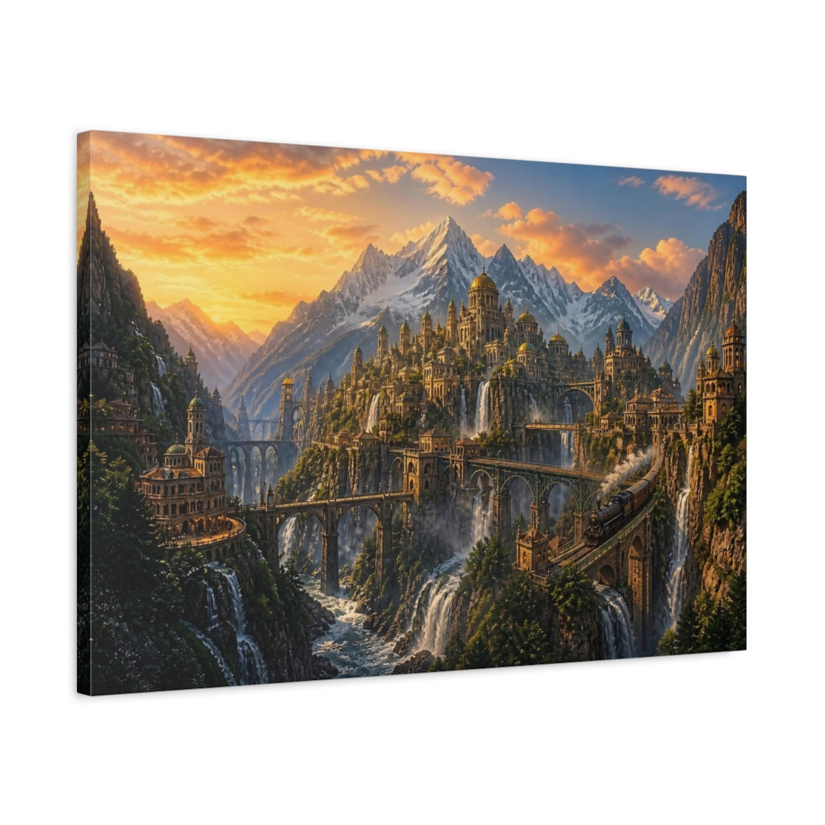 Side Mockup 2. Mountain City Landscape shown as canvas print
