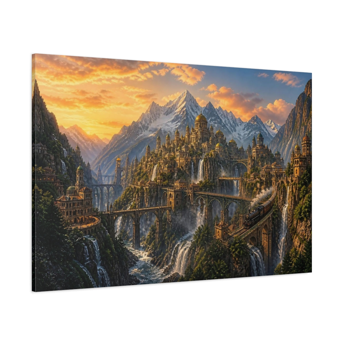 Side Mockup 1. Mountain City Landscape shown as canvas print