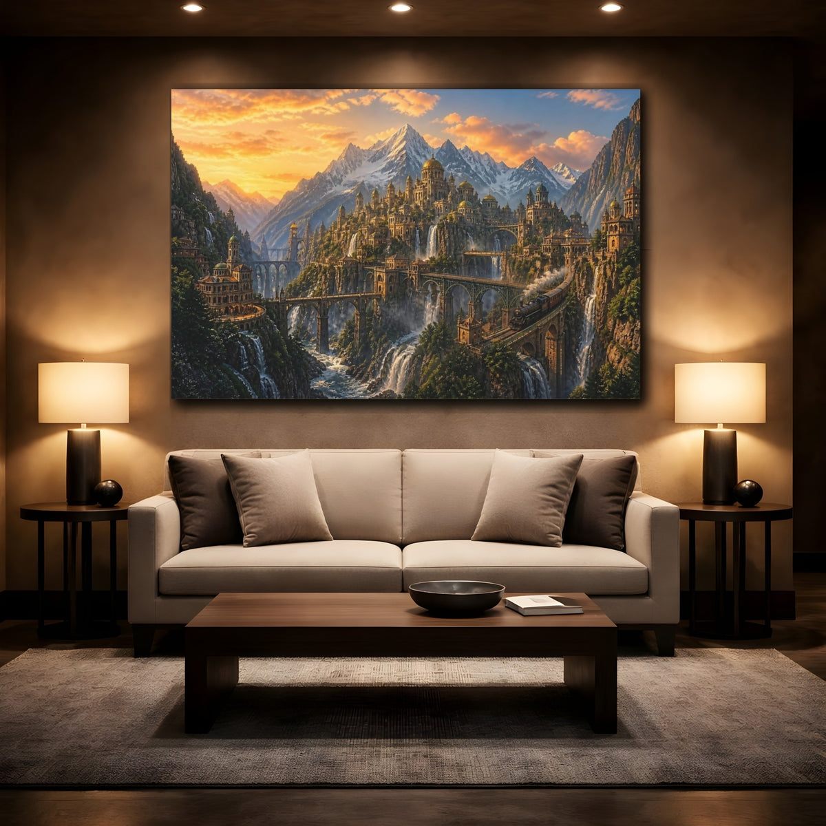 Mockup 2. Mountain City Landscape shown as canvas print