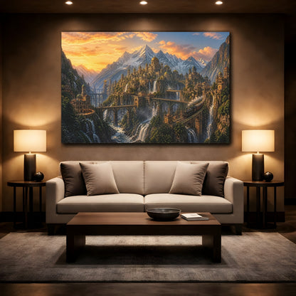 Mockup 2. Mountain City Landscape shown as canvas print