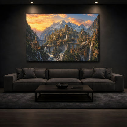 Mockup 3. Mountain City Landscape shown as canvas print