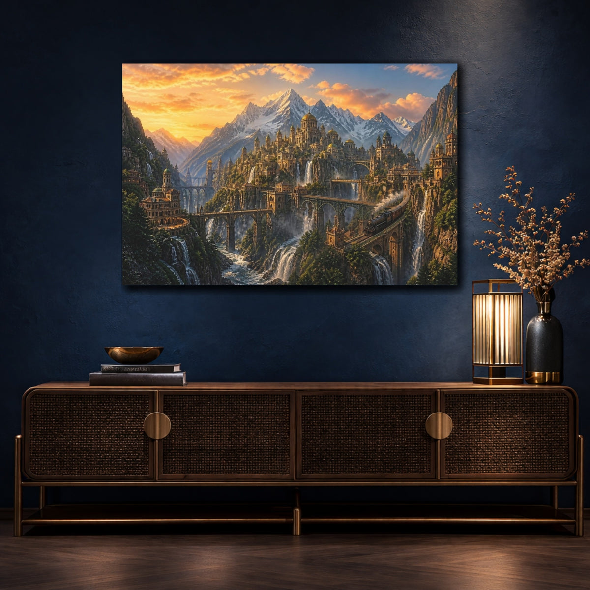 Mockup 4. Mountain City Landscape shown as canvas print