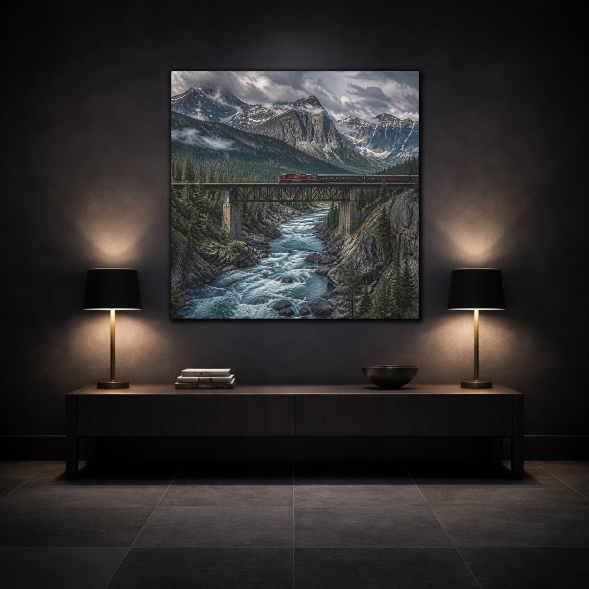 Mockup 3. Mountain Landscape With Train shown as canvas print