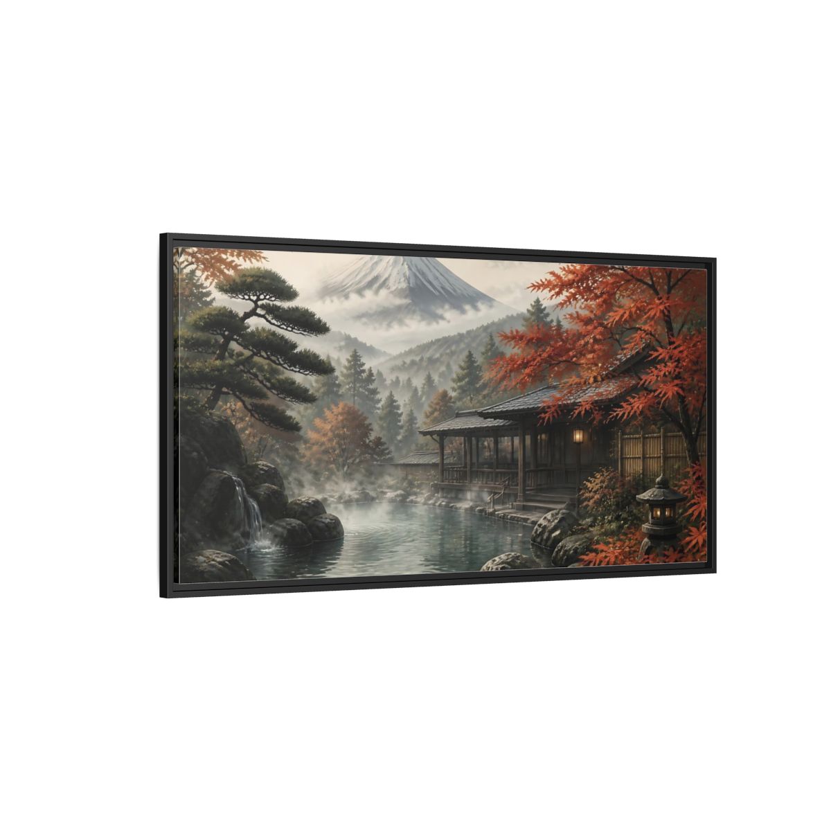 Side Mockup 5. Mountain Onsen In Autumn shown as framed canvas print