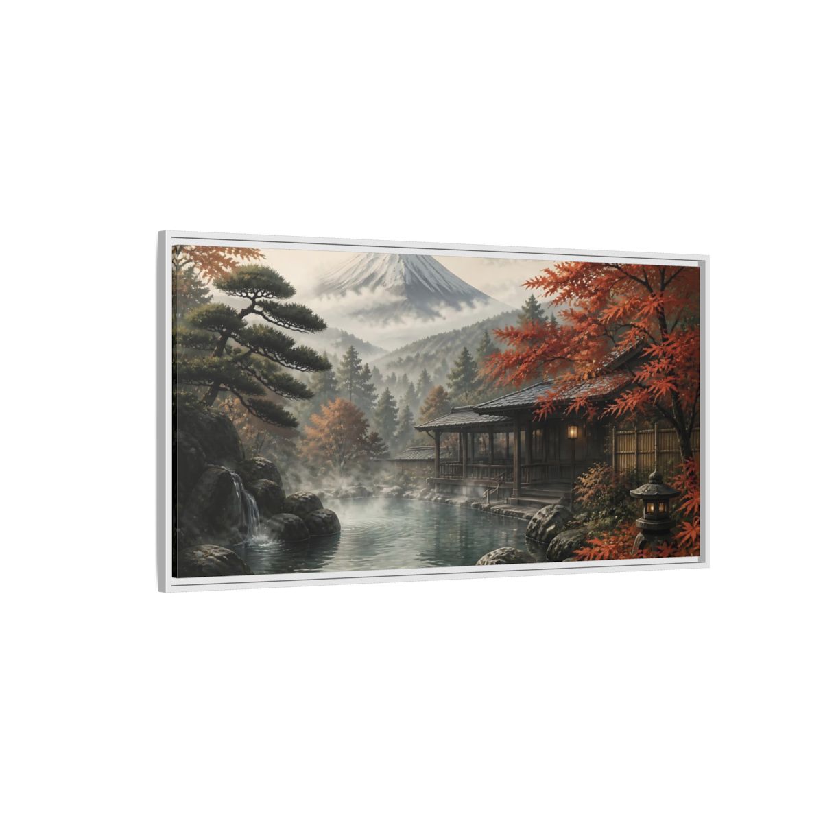 Side Mockup 3. Mountain Onsen In Autumn shown as framed canvas print