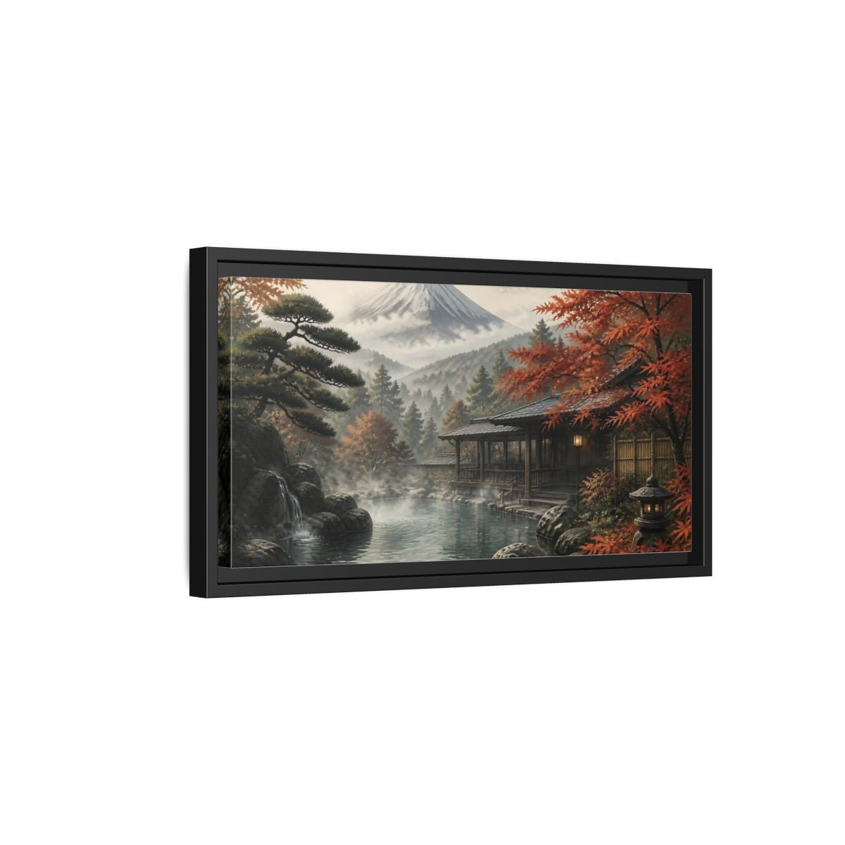 Side Mockup 8. Mountain Onsen In Autumn shown as framed canvas print
