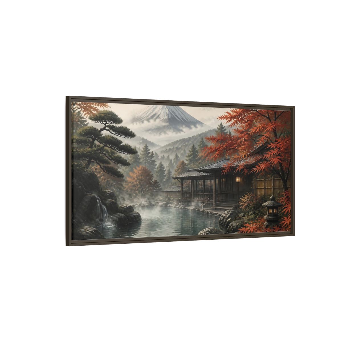 Side Mockup 4. Mountain Onsen In Autumn shown as framed canvas print