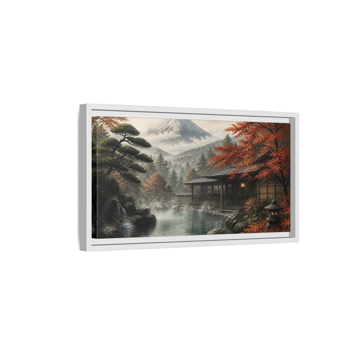 Side Mockup 6. Mountain Onsen In Autumn shown as framed canvas print