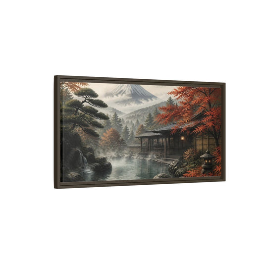 Main Mockup. Mountain Onsen In Autumn shown as framed canvas print