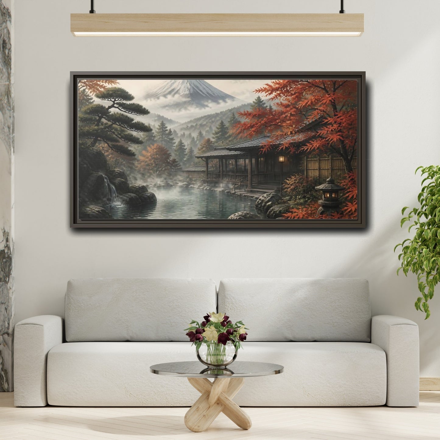 Mockup 2. Mountain Onsen In Autumn shown as framed canvas print