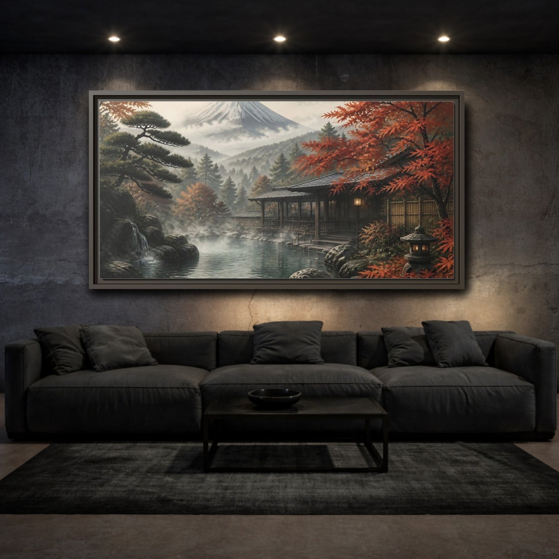 Mockup 3. Mountain Onsen In Autumn shown as framed canvas print