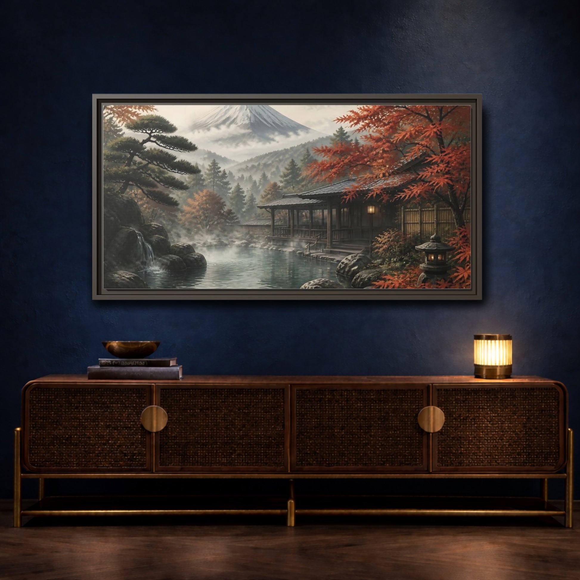 Mockup 4. Mountain Onsen In Autumn shown as framed canvas print