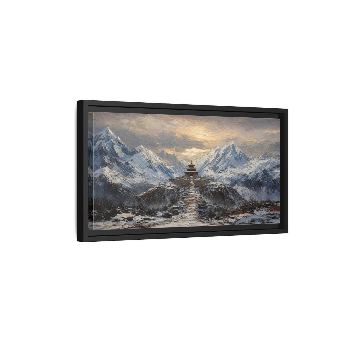 Side Mockup 8. Mountain Pagoda At Dawn shown as framed canvas print