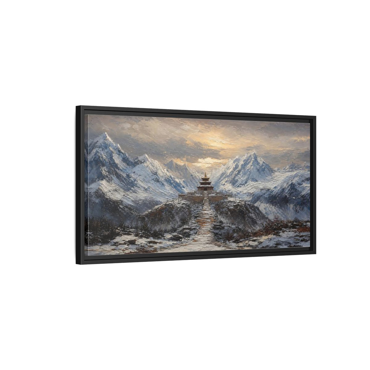 Side Mockup 2. Mountain Pagoda At Dawn shown as framed canvas print