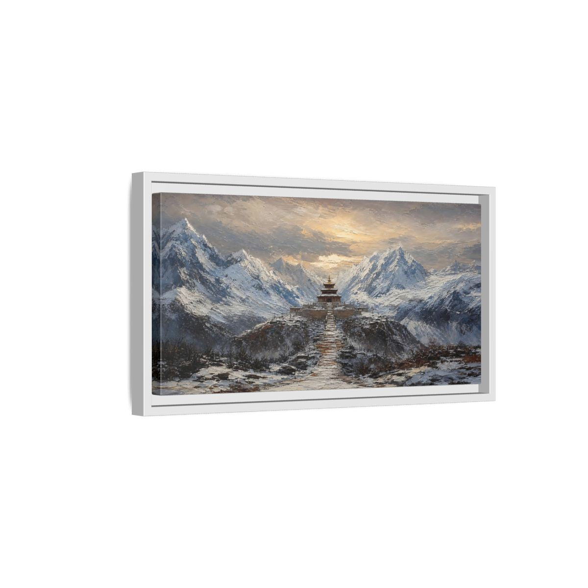 Side Mockup 6. Mountain Pagoda At Dawn shown as framed canvas print