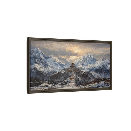 Main Mockup. Mountain Pagoda At Dawn shown as framed canvas print