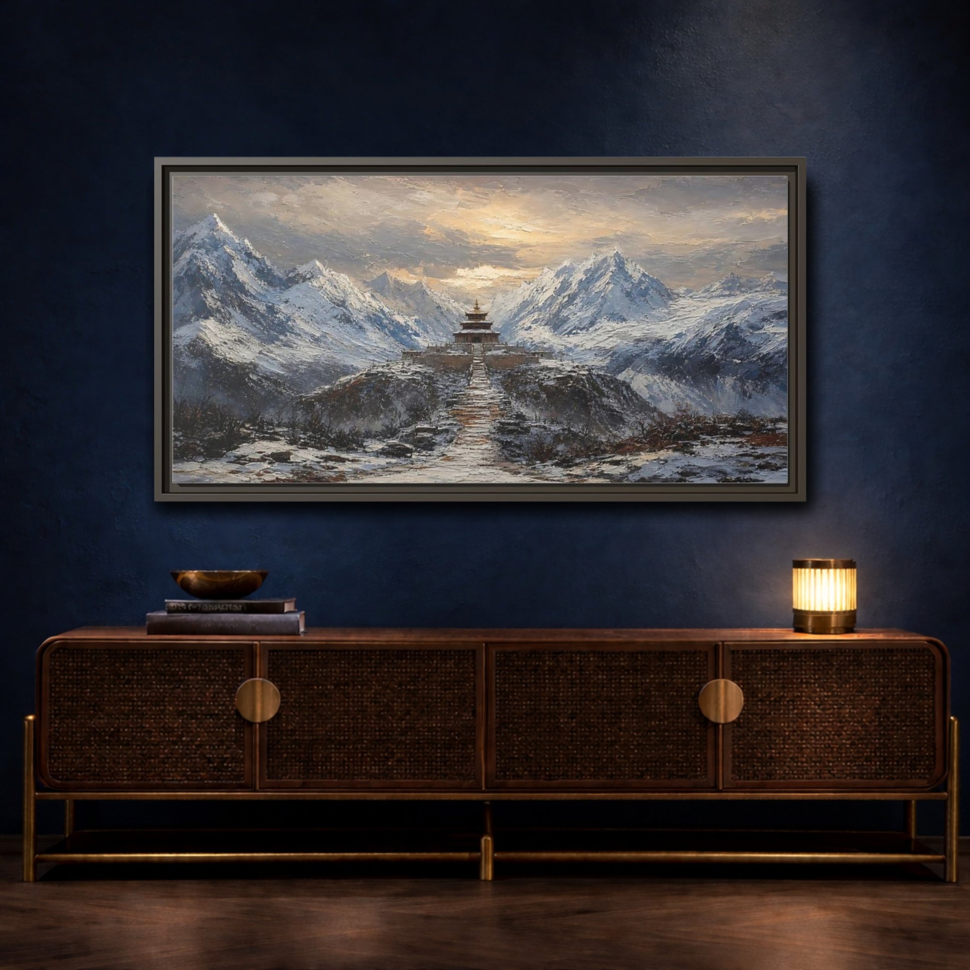 Mockup 4. Mountain Pagoda At Dawn shown as framed canvas print