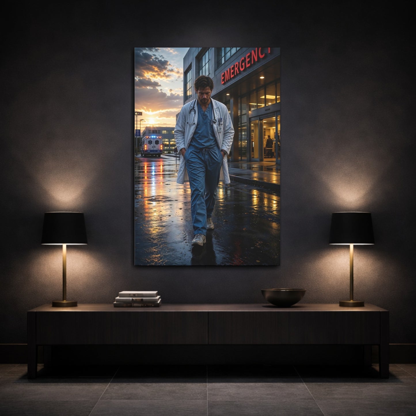 Movies Doctor At Sunset Canvas Wall Art Print - Dramatic Office, Study Area shown as canvas wall art