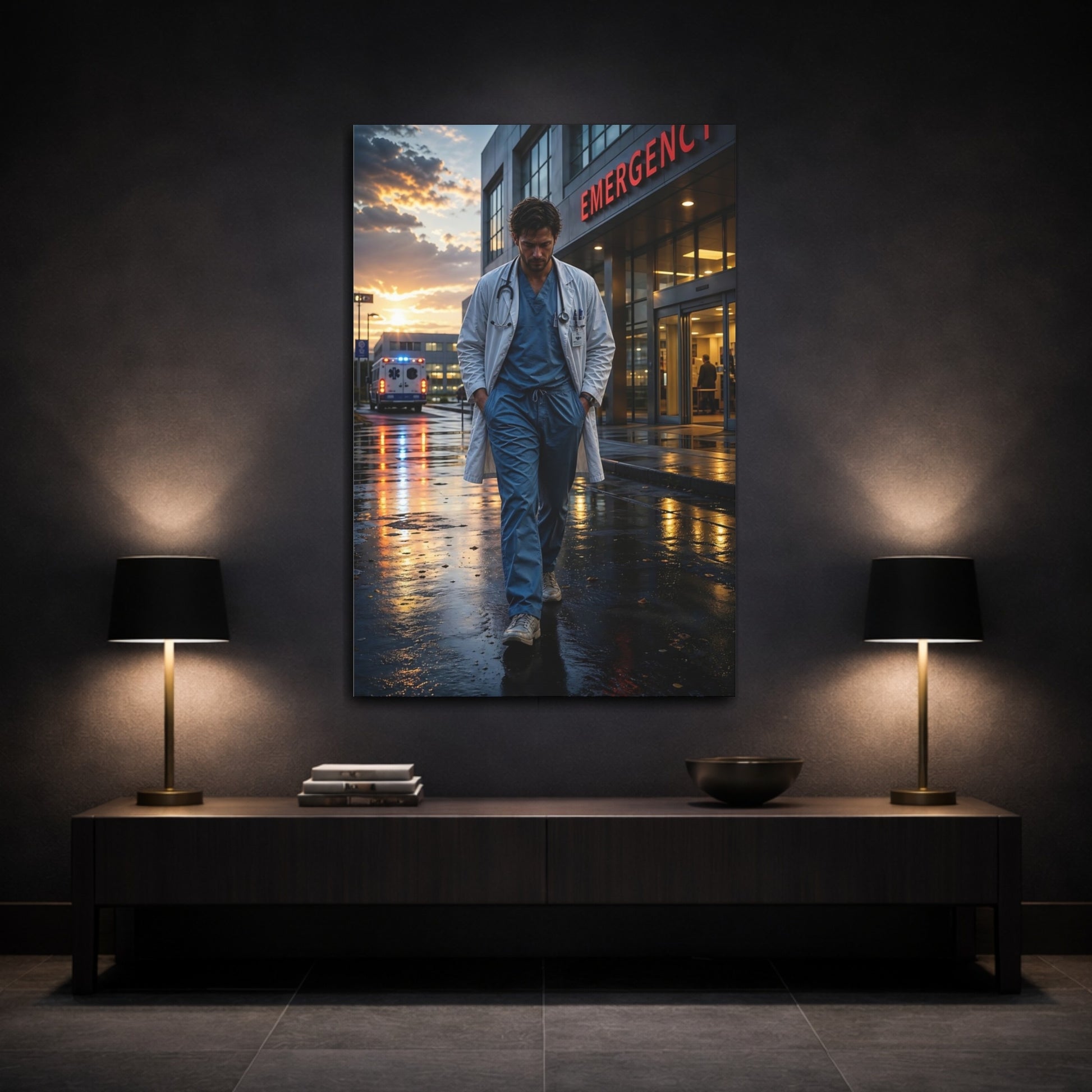 Movies Doctor At Sunset Canvas Wall Art Print - Dramatic Office, Study Area shown as canvas wall art