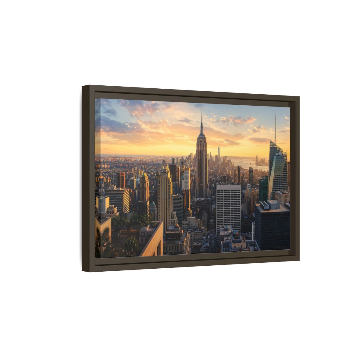 Side Mockup 5. Movies Empire State Building Golden Hour Skyline shown as stretched canvas wall art