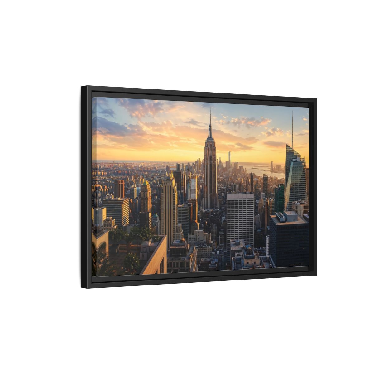 Side Mockup 3. Movies Empire State Building Golden Hour Skyline shown as stretched canvas wall art