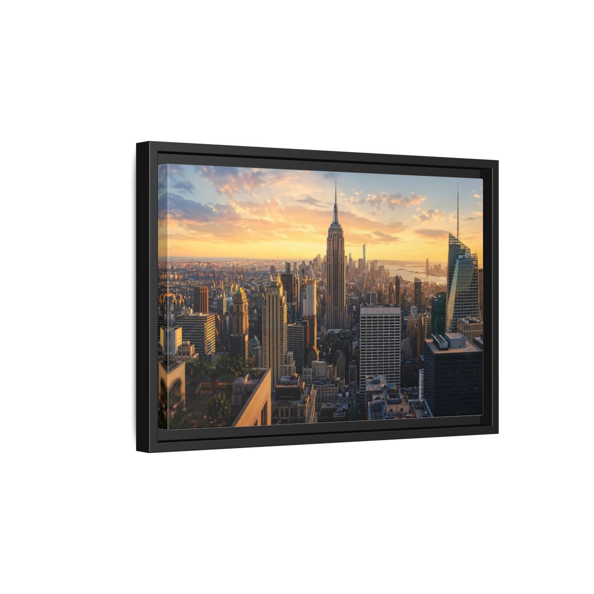 Side Mockup 6. Movies Empire State Building Golden Hour Skyline shown as stretched canvas wall art