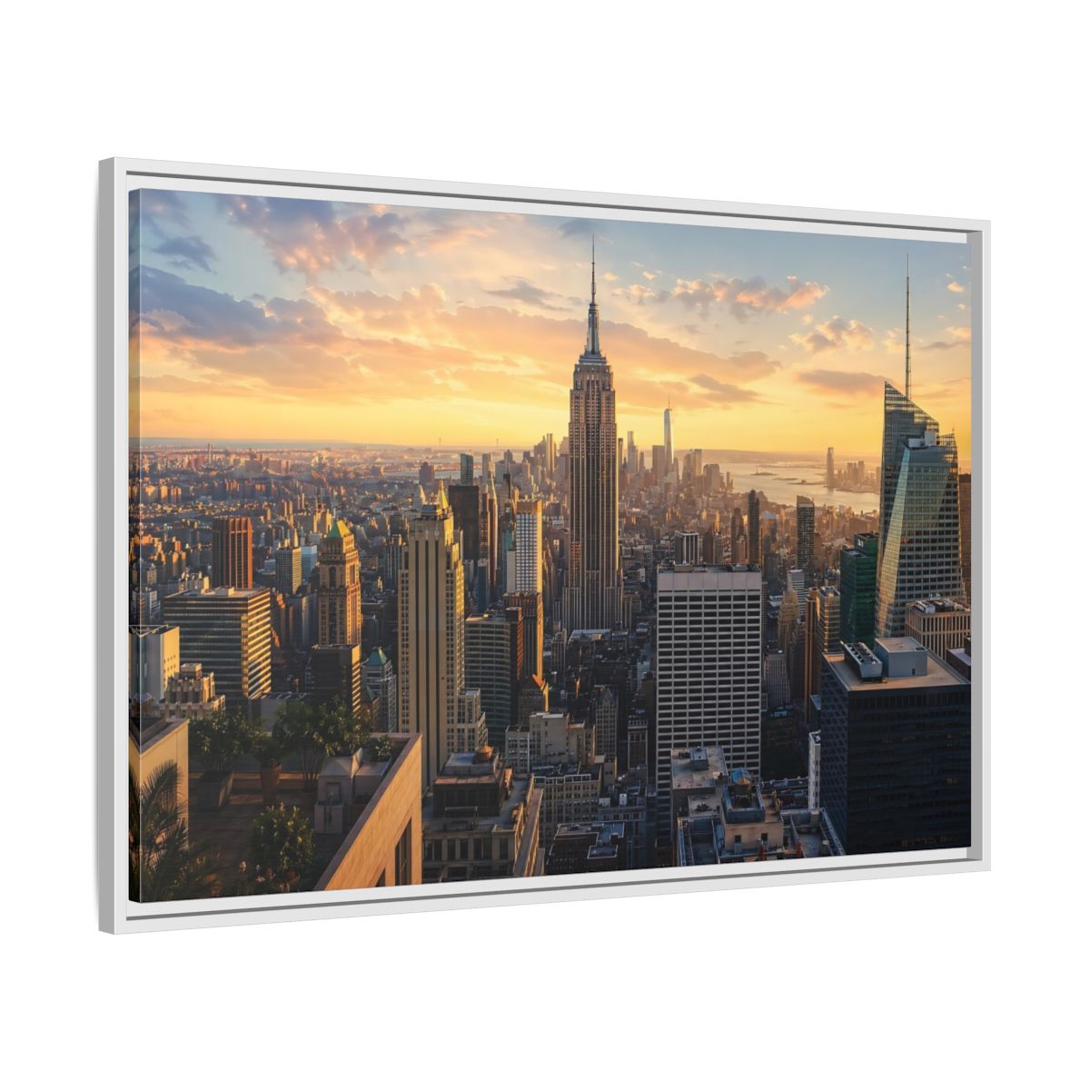 Side Mockup 9. Movies Empire State Building Golden Hour Skyline shown as stretched canvas wall art