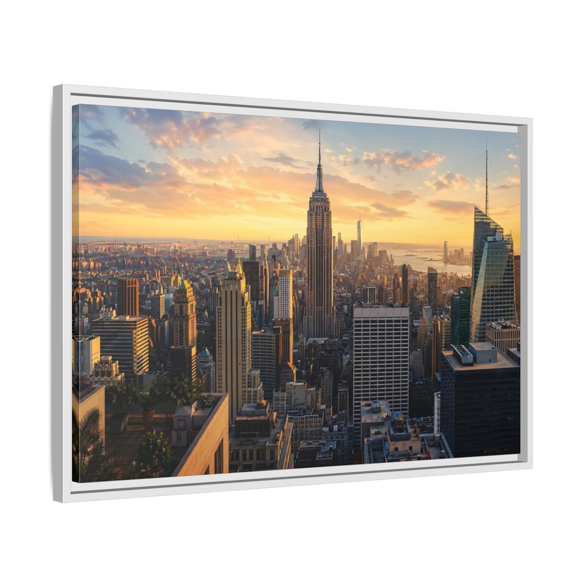 Side Mockup 10. Movies Empire State Building Golden Hour Skyline shown as stretched canvas wall art