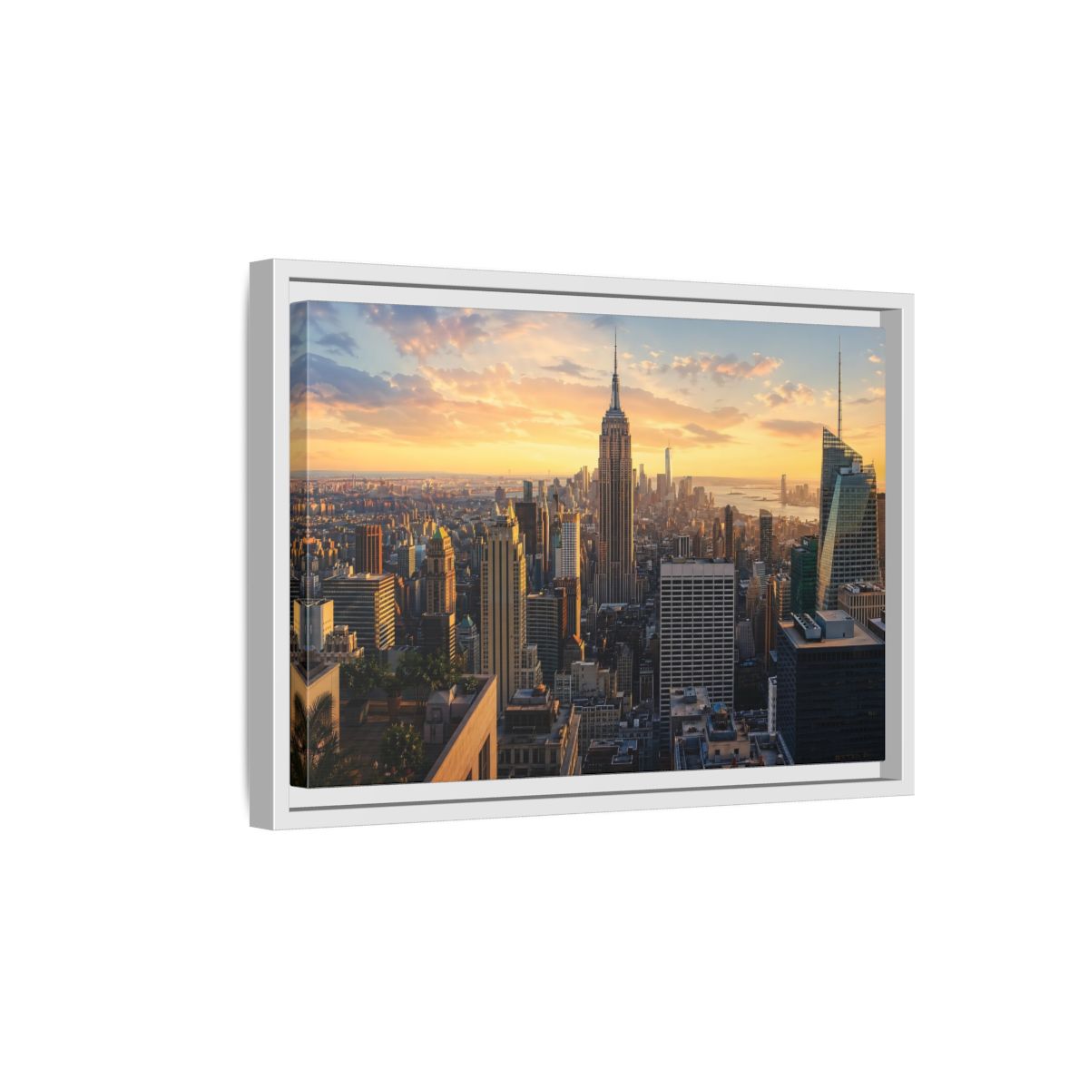 Side Mockup 4. Movies Empire State Building Golden Hour Skyline shown as stretched canvas wall art