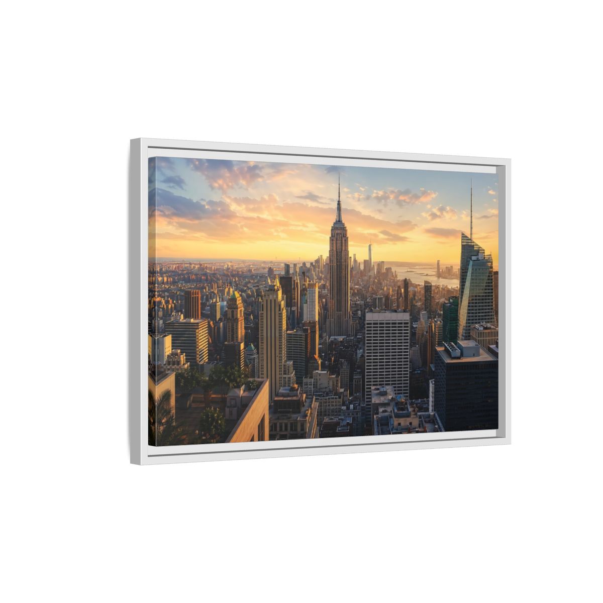 Side Mockup 1. Movies Empire State Building Golden Hour Skyline shown as stretched canvas wall art