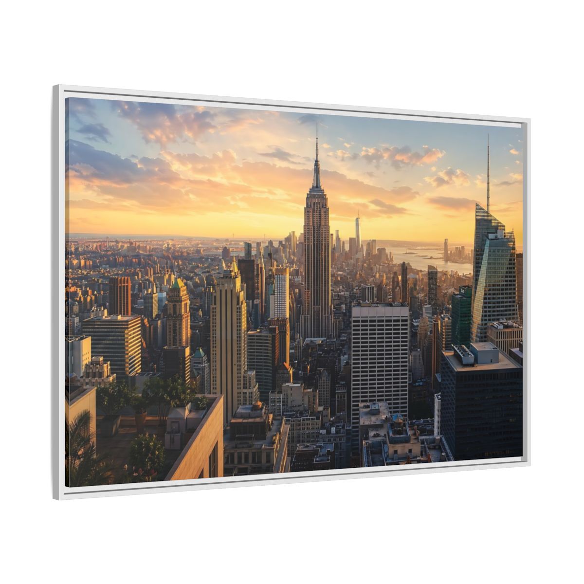Side Mockup 7. Movies Empire State Building Golden Hour Skyline shown as stretched canvas wall art