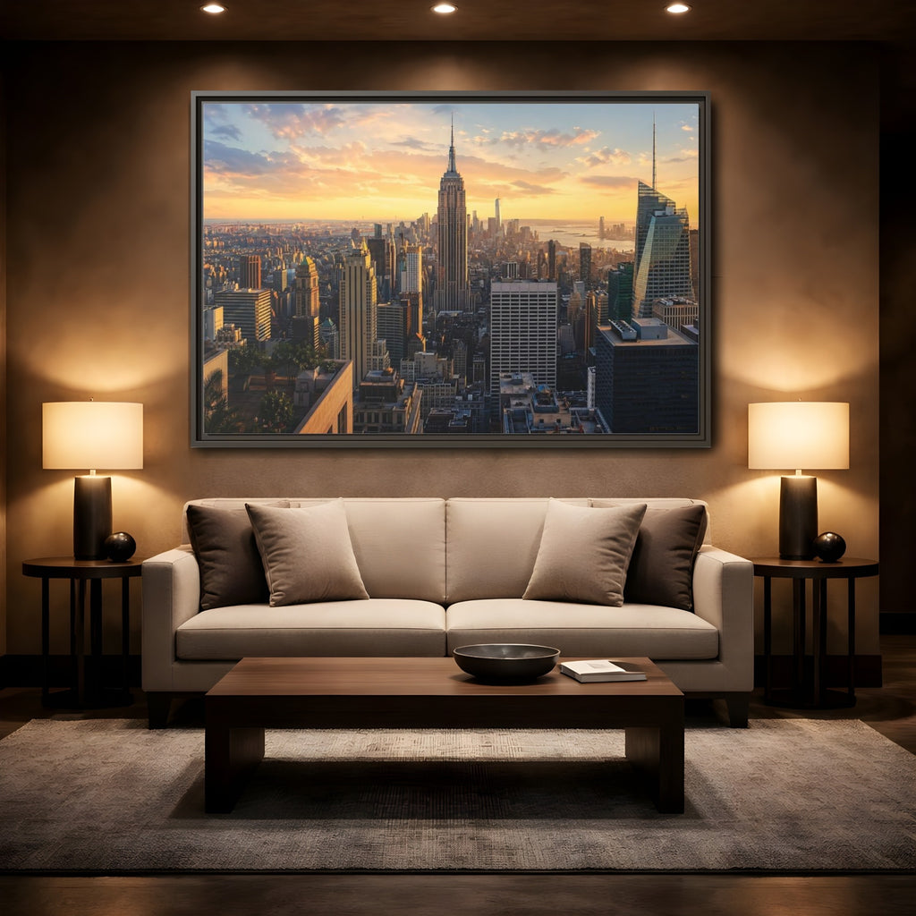 Mockup 2. Movies Empire State Building Golden Hour Skyline shown as stretched canvas wall art